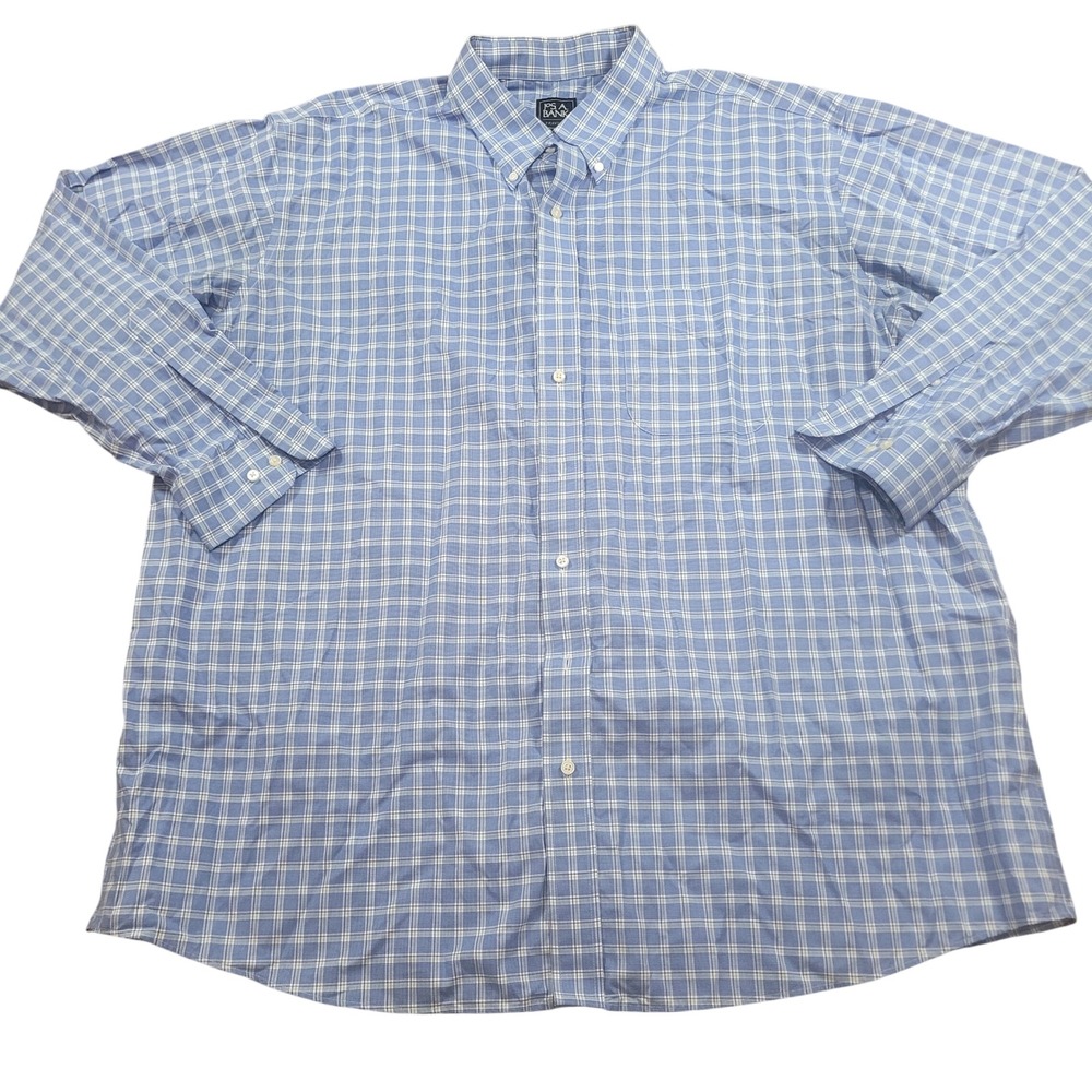 Jos A Bank Traveler Mens 2X Blue White Plaid Button Down Shirt 100% Cotton